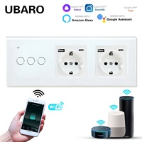 Interruptor de Pared Inteligente Wifi de 3 Botones Táctiles, 2 Enchufes Schuko Europeos con Cargador USB Tipo C, Control por Voz con la Aplicación Tuya Smart Life