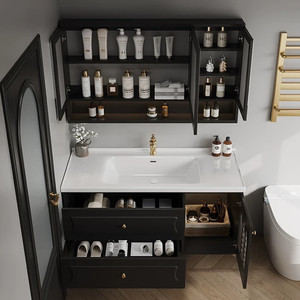 New bathroom cabinet ceramic integrated basin French retro <b>oak</b> smart mirror cabinet hanging cabinet - Product Image 4