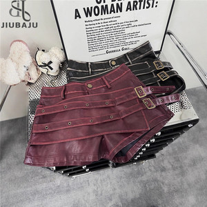 Mode vin <span class=keywords><strong>rouge</strong></span> PU Shorts femmes taille haute Double sangle boucle pantalons chauds - Product Image 1