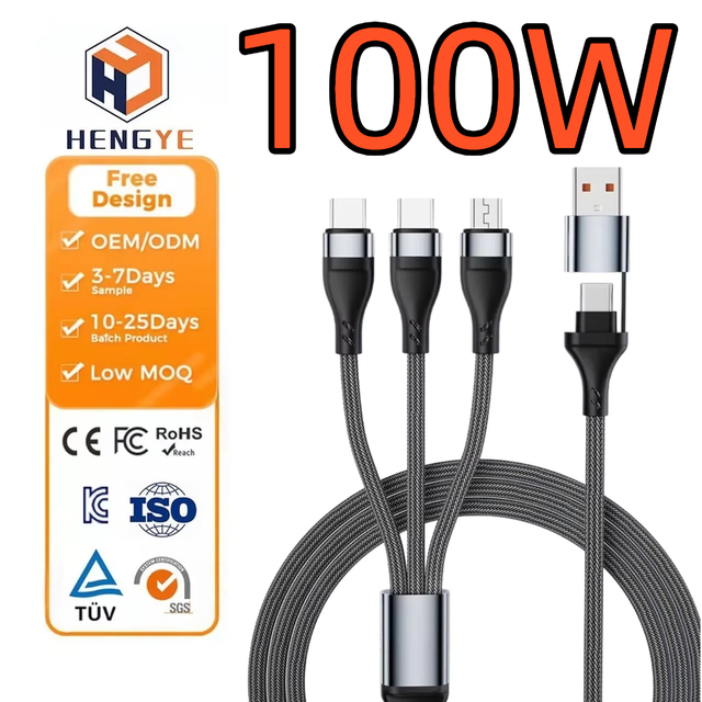 CE Rosh Certified 4in1 Usb Charging Cable Type C 100W Nylon Braided 6A Fast Charge Multi Cord 4 in 1 Charging Cable 65 w