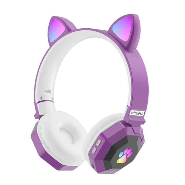 Flash Light Cute Cat Over Ear Headphones Wireless with Mic LED Kids Girls Stereo Phone Music Bluetooth Headset Gamer Gift