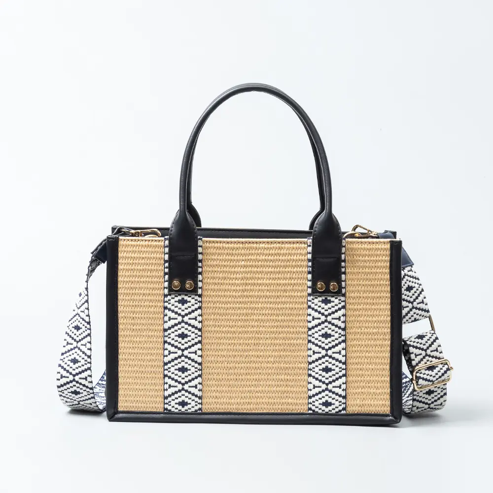 PU leather bag fashion design PP straw bags women handbags custom logo tote bag top handle handbag