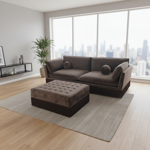 Sofá de terciopelo marrón y un otomano capitoné independiente - Product Image 2