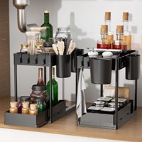 Organisateur coulissant à 2 niveaux pour sous-évier, gain de place - Étagère de rangement robuste en métal avec crochets pour armoire de cuisine et de salle de bain