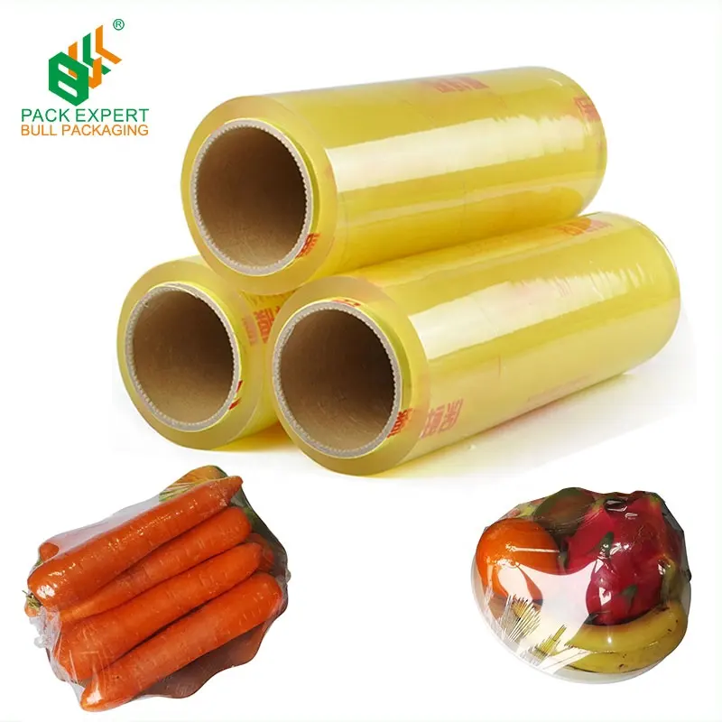 Rollo de película adhesiva de PVC de grado alimenticio, Rollo OEM de 9-15MIC, 30-50CM de ancho, película de fundición elástica