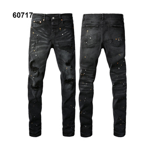 Stock di alta qualità da uomo elasticizzato Slim Fit strappati in Denim traspirante alla moda con Applique stampa strappata di mezza vita - Product Image 3