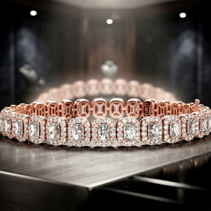 Pulsera de Oro Rosa con Corte Esmeralda y Halo, Brazalete de Lujo con Circonita Cúbica para Mujer, Joyería para Boda o Fiesta, Regalo - Product Image 1