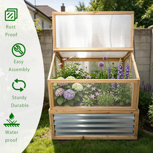 Wooden Metal Raised Garden Bed Polycarbonate Greenhouse Dual Adjustable Lift-Up Roof Vents Cold Frame <b>Planter</b> Outdoor Home - Product Image 2