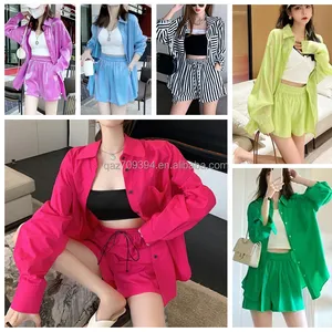 Wholesale 2023 New Arrivals Women's Clothing Solid Summer With Pockets Shorts Sets Womens Shirts Shorts Set