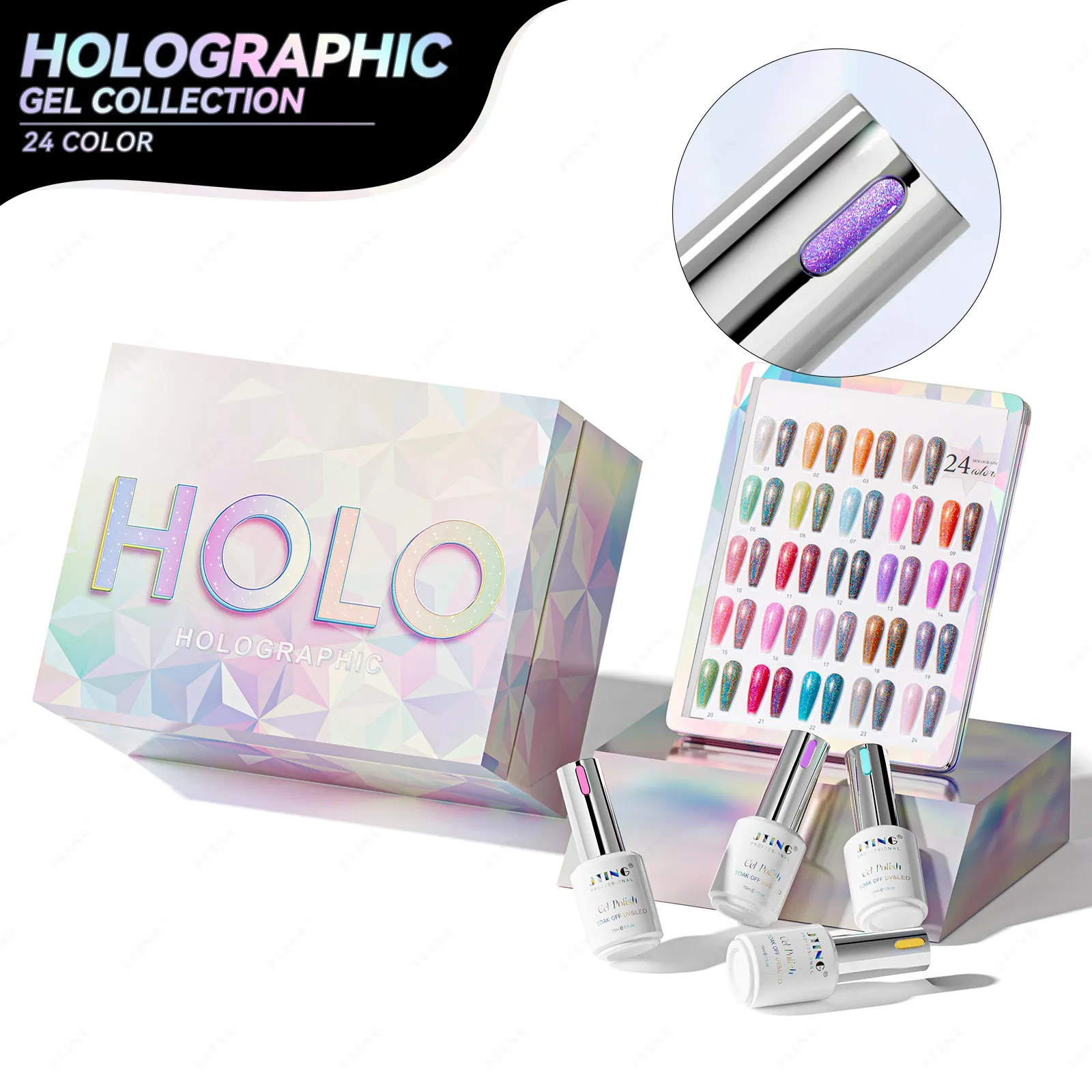 Conjunto de colección de esmalte de gel brillante holográfico de compras calientes promocionales JTING caja 24 piezas gel holográfico de pigmento vegano de alta calidad
