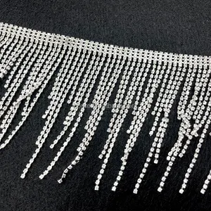 F157 Rhinestone And Crystal Beaded Lace Trim Dangling Rhinestone Tassel Trimming For Crafts
