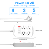Multiprise avec 4 prises, 3 ports USB, protection contre les surtensions 15A, interrupteur, prise américaine, câble 5FT 16AWG, 350 Joules