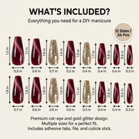 Bulk OEM ABS Lange Ballerina Press-on Nagels Bordeaux Cat Eye Magnetisch Effect Gouden Glitter Accent Vinger 24 Stuks Nageltips