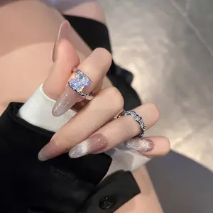 Nhẫn Hở Đá Zircon Sáng Bóng Ngoại Cỡ Nhẫn Cao Cấp Thời Trang Cá Tính Đường Kẻ Bất Đối Xứng Nhẫn Nữ