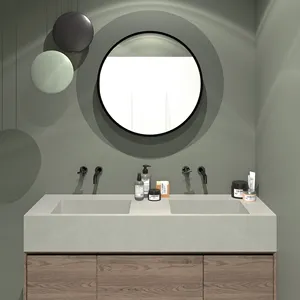 Wastafel persegi panjang grosir kabinet abu-abu muda wastafel beton bak cuci kamar mandi ganda