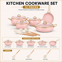 Ensemble de casseroles en acier inoxydable rose de 12 pièces avec couvercles en verre, écologique, compatible lave-vaisselle, compatible induction, pour la cuisine à domicile