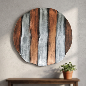 Bandeja Decorativa Redonda de Diseño, con Rayas Verticales, Estilo Rústico, Pieza de Arte en Madera Hecha a Mano - Product Image 3