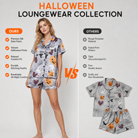 Ensemble de pyjama décontracté pour femme, Halloween, gris, en polyester satiné, imprimé citrouille et fantôme, manches courtes, short, 2 pièces, vente en gros