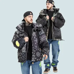 hot selling fashion custom allover printed winter thick jackets zip up hooded reversible men puffer padded jacket coats