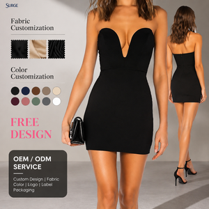 Robe de soirée mini moulante décontractée noire sans bretelles à col en V profond, 60 % rayonne 30 % nylon, personnalisée - Product Image 1