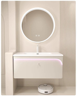 Ensemble de meuble-lavabo flottant blanc crème personnalisé avec miroir intelligent à LED, armoire et vasque intégrée en céramique, un seul tiroir