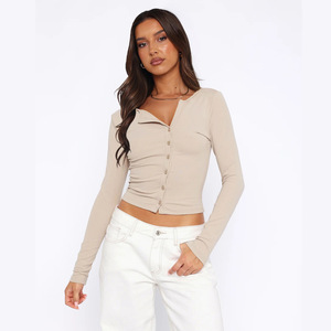 2024 t-shirt dimagrante per donna in maglia semplice con bottoni in tinta unita Casual autunnale da donna - Product Image 2