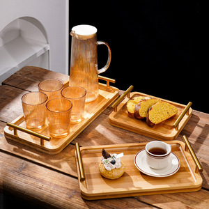Plateau rectangulaire en bambou de style japonais avec poignées dorées, plateau de service pour thé et fruits, usage domestique - Product Image 1