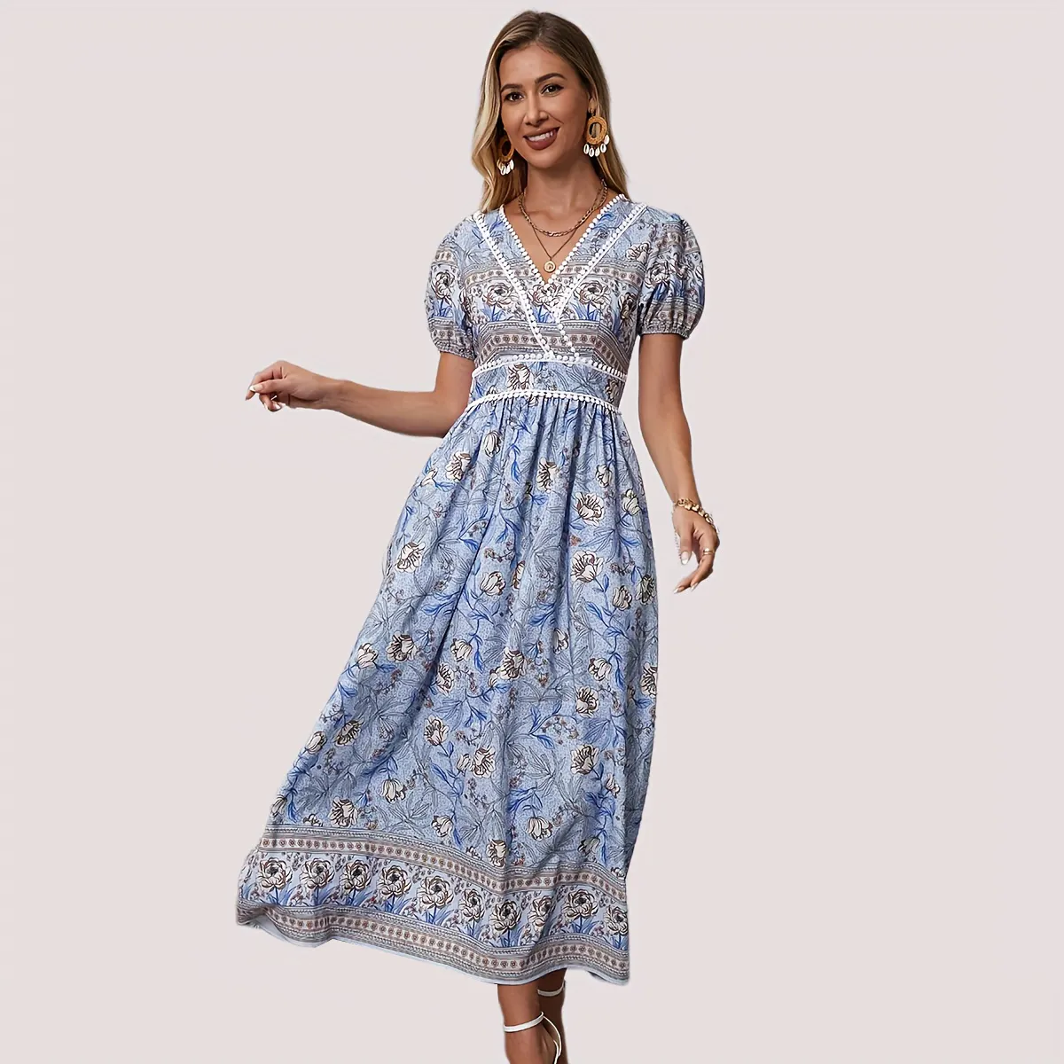 Estilo étnico retro das mulheres decote em V de manga curta cintura borda do laço impresso vestido moda casual grande balanço elegante saia longa