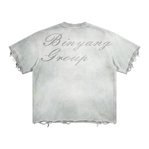T-shirt Bianca da <span class=keywords><strong>Uomo</strong></span> Personalizzata OEM, Stampa DTG, Effetto Vintage Lavato, 100% Cotone Lavorato a Maglia, 300 Grammi, Manica Corta, Strappata e Usurata - Product Image 4