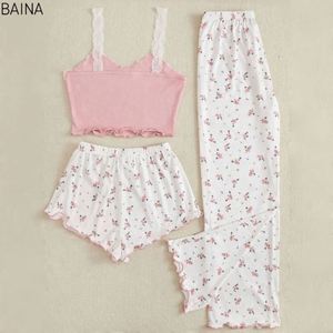 Conjunto de Pijama Floral Sexy para Mujer, Estilo Veraniego, de Tres Piezas, en Satén, para Estar en Casa, Marca Yanzhui - Product Image 4