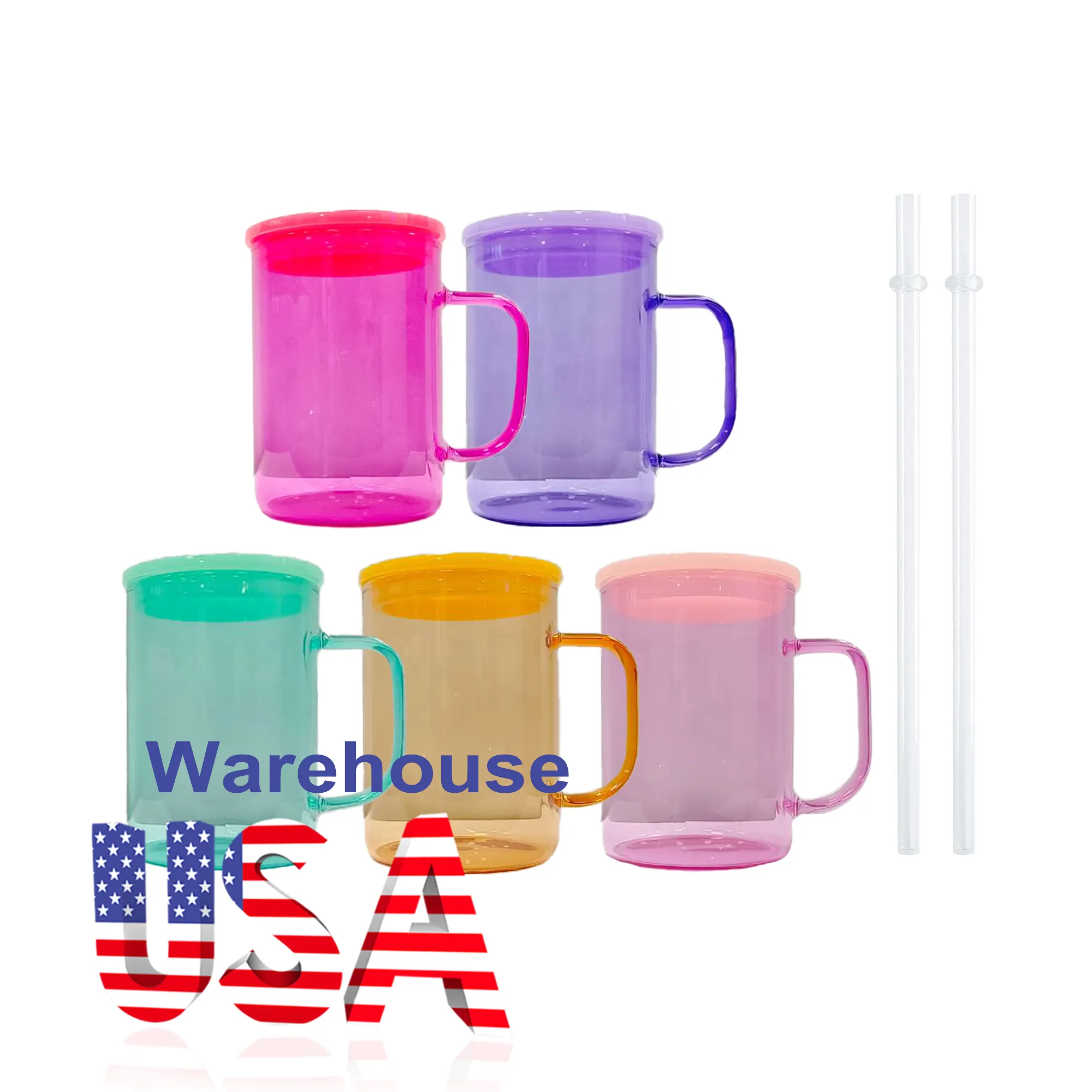 Usa Magazijn Groothandel Clear Cady Kleurrijke 17Oz Sublimatie Blanks Gelei Glazen Mokken Met Gekleurd Plastic Deksel En Stro