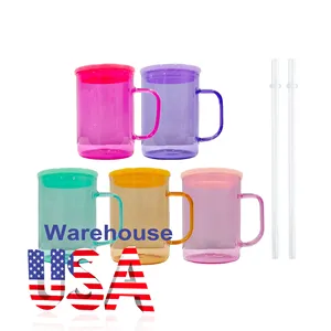 EE. UU. Almacén al por mayor Clear Cady Colorful 17oz Sublimación Blanks Jelly Glass Tazas con tapa de plástico de colores y pajita