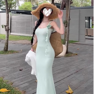 <b>Mint</b> Green Slip <b>Dress</b> Women Summer Slim Fit Fishtail Maxi <b>Dress</b> Strapless Solid Color Polyester <b>Dress</b> - Product Image 1