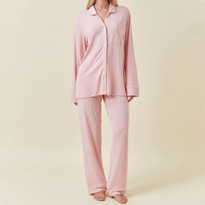 Women's Cozy Knit Pajamas Set Long Sleeve Lapel Button-Down Top Full Length Pants Loungewear Turn-down Collar Soft <strong>Pyjama</strong> - Product Image 1