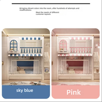 Lit superposé princesse blanc crème pour enfants avec toboggan, rangements, escaliers, tiroirs, baldaquin, fenêtre cintrée, mobilier de chambre gris bleu, barrière de sécurité