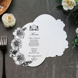 Cartes de menu simples en <span class=keywords><strong>carton</strong></span> blanc lisse avec feuille noire, forme de fleur irrégulière et texte personnalisé pour mariage | Fête de célébration - Product Image 3