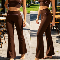 Pantalon de yoga marron évasé pour femme, taille haute, avec passepoil rose, idéal pour l'entraînement, vente en gros, marque privée, équipement OEM personnalisé