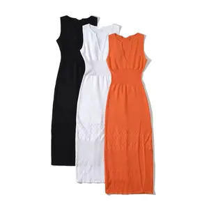 PB&ZA Women 2023 summer New Chic Fashion V-neck hollow split Dress Vintage Sleeveless Female Dresses robe Mujer