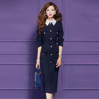 Robe chemise bleue FMY69371 sur mesure, style vintage, coupe ajustée, élégante, taille empire, boutonnage simple, jupe crayon, idéale pour l'hiver et le bureau