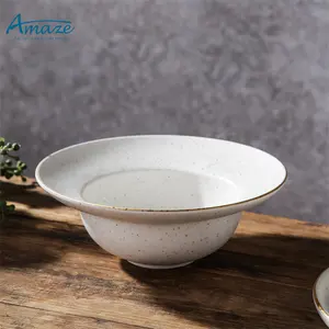 China suppliers speckle glaze restaurant kitchen round deep soup fruit salad white ceramic bowls with gold rim