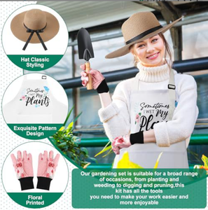 Ensemble de <span class=keywords><strong>jardinage</strong></span> pour femmes de 10 pièces avec outils de plantation, chapeau de paille, tablier floral, gants, panier-cadeau et accessoires d'aspiration - Product Image 4