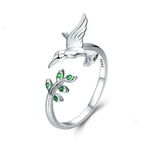 Anello regolabile alla moda in argento Sterling 925 con colibrì verde zirconi per donna