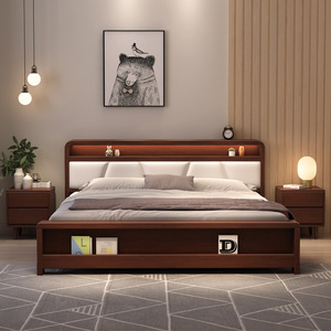 Nordic Style Solid Wood Upholstered Bed 1.8M Double Storage Box With Lighted Headboard For Bedroom - Product Image 2