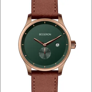 Besseron模拟皮革表带时尚简约男士手表，带皮革表带礼品