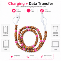 Câble de charge multi-prise USB Type C 4 en 1 avec perles imprimées léopard, perles roses, transfert de données
