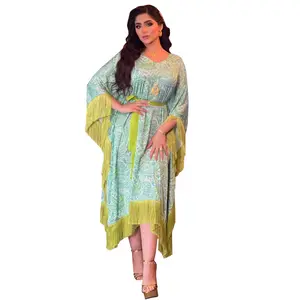 Muslim Women Oversized Printed Pattern Bat Sleeve Green Dresses dubai Muslim Abaya