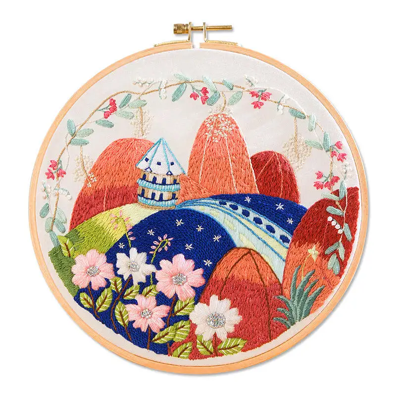 3D Scenery Embroidery Set Needlework Tools Printed Beginner DIY Embroidery Round Cross Stitch Kit Sewing Craft Kit