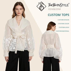 Elegante Weiße Bluse mit Blumenstickerei für Damen, Wickelbluse mit Revers, Taillengürtel und Bischofärmeln, Transparente Business-Bürobluse im Großhandel - Product Image 1