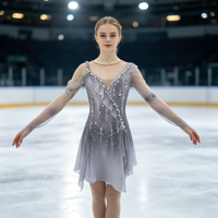 Robe de patinage artistique à épaules dénudées, dégradé gris et blanc, avec strass et maille, pour compétition et performance (adultes et enfants)