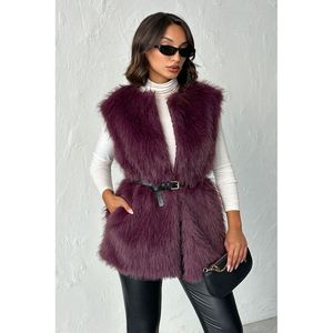 Chaleco de Piel Sintética para Mujer TOPSHOW, Elegante Abrigo sin Mangas Color Borgoña para Otoño e Invierno, Mezcla Suave de Algodón y Poliéster - Product Image 3